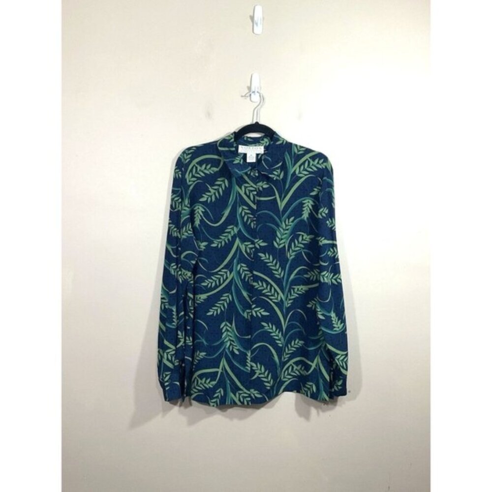 VTG Norton McNaughton Womens Silk Floral Leaf Print Button Up Shirt M Blue 90s